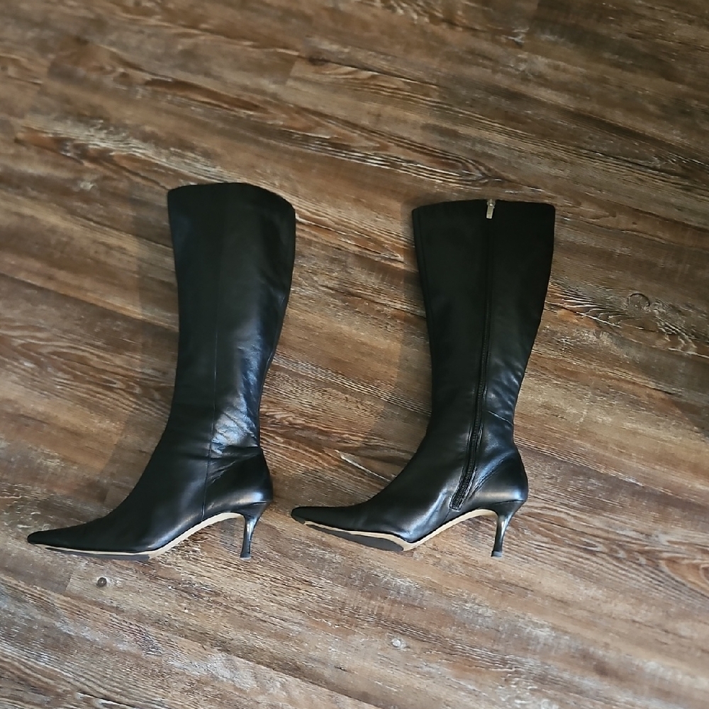 Anne Klein Black Leather Knee-High Pointed-Toe Heeled Boots